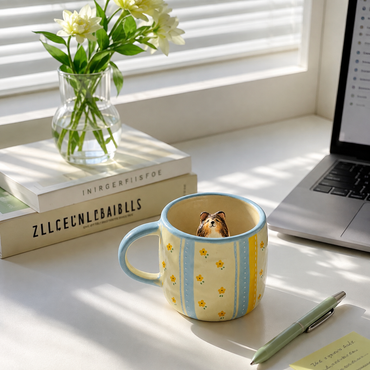 Mise en scène de la tasse personnalisée Matin Fleuri avec figurine d’animal
