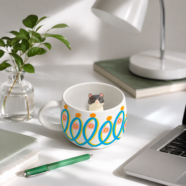 Mise en scène de la tasse personnalisée Pois Dansants avec figurine d’animal