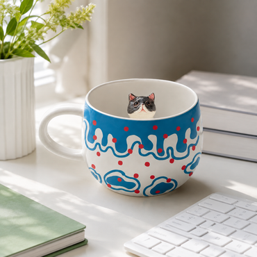 Mise en scène de la tasse personnalisée Pois en Fête avec figurine d’animal