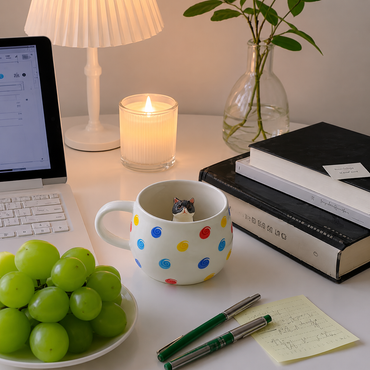 Mise en scène de la tasse personnalisée Pois Tourbillon avec figurine d’animal