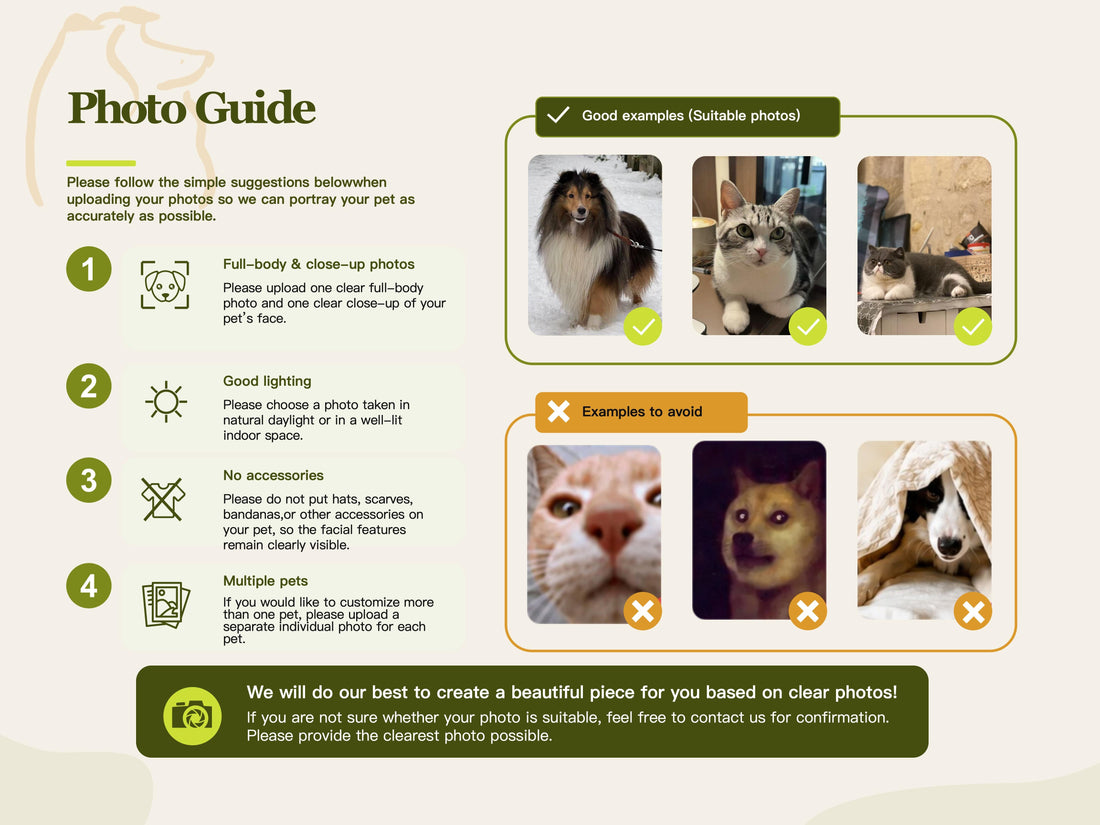Guide illustré montrant les bonnes et mauvaises photos d’animaux à fournir pour une création personnalisée Maison Scott