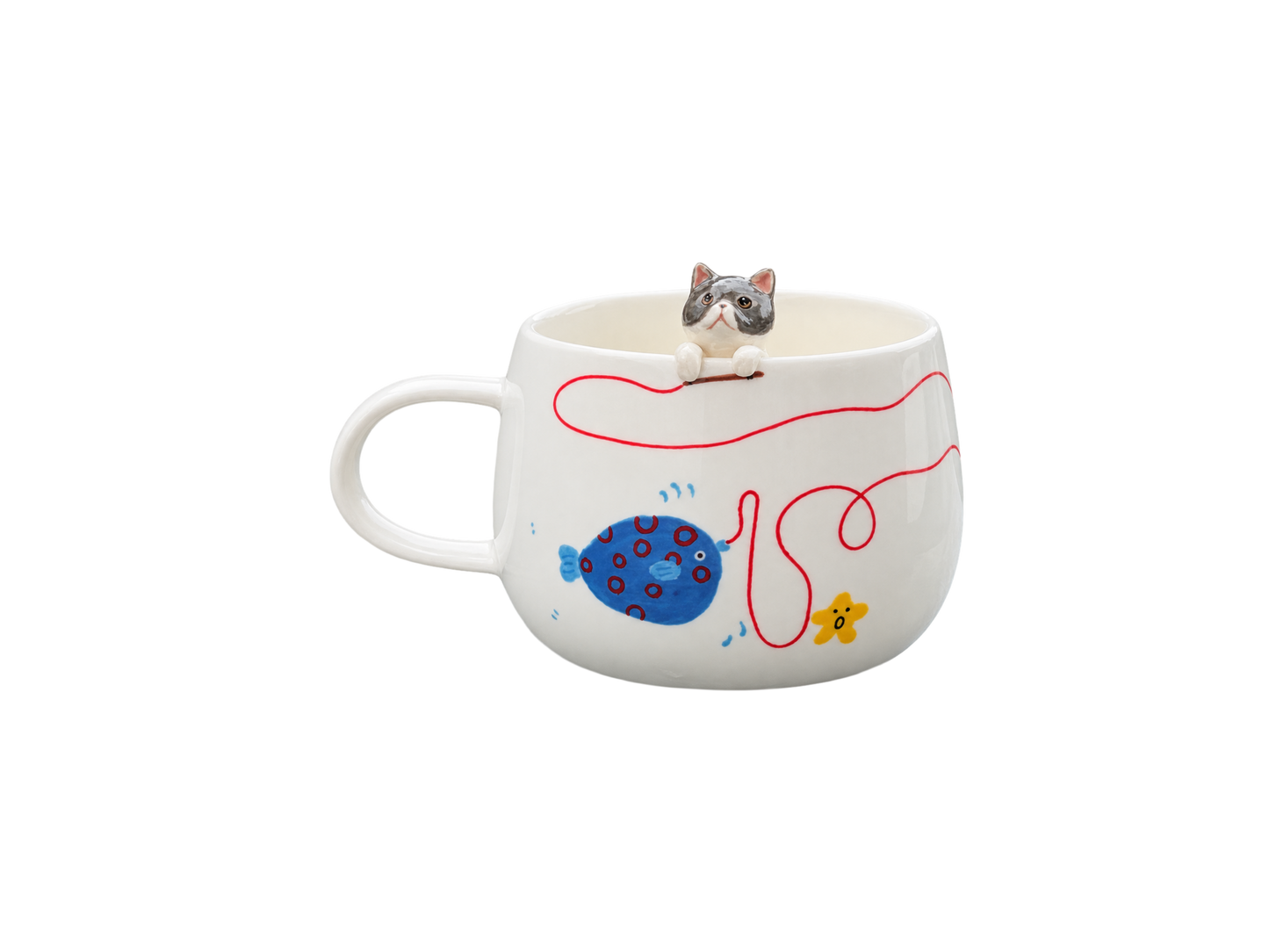 Tasse personnalisée À la pêche ! avec figurine d’animal sculptée et peinte à la main