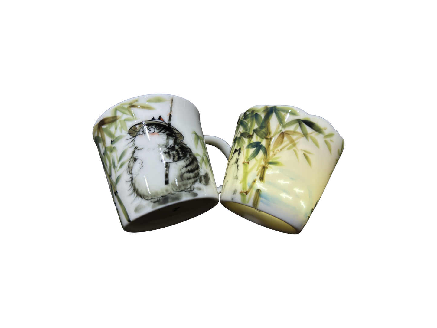 Tasse en porcelaine Bambou de jade avec portrait d’animal peint à la main et soucoupe assortie