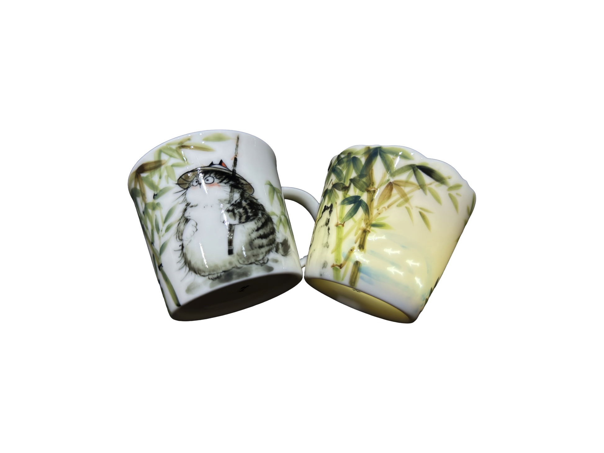 Tasse en porcelaine Bambou de jade avec portrait d’animal peint à la main et soucoupe assortie