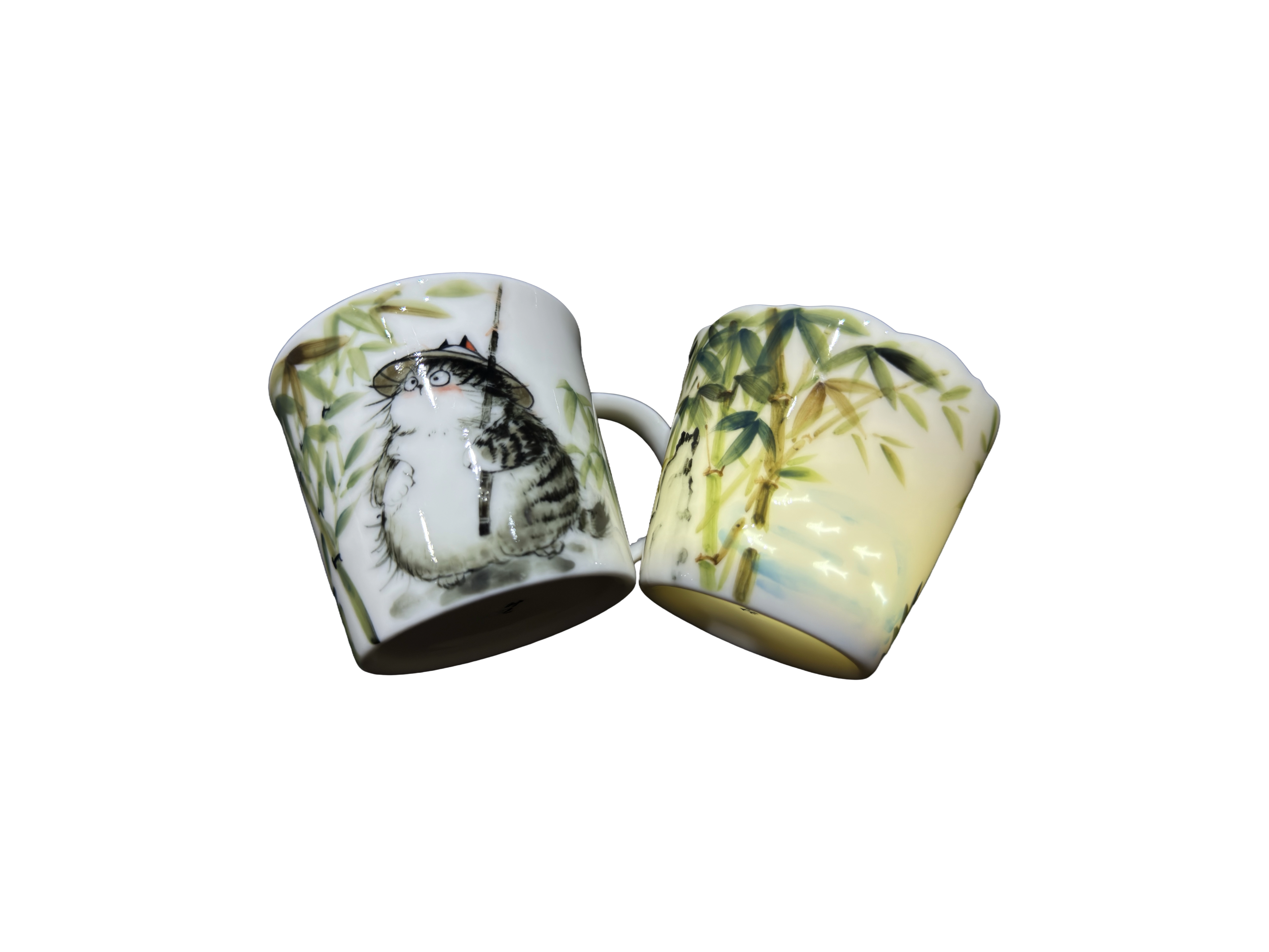Tasse en porcelaine Bambou de jade avec portrait d’animal peint à la main et soucoupe assortie