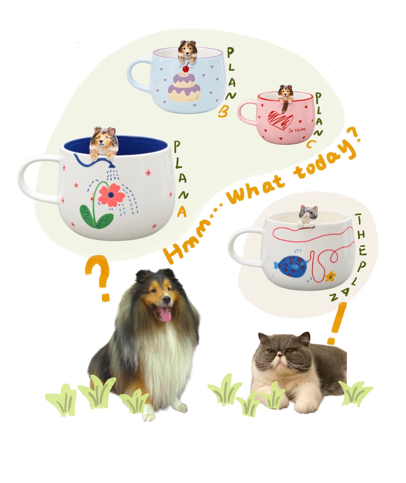 Illustration d’un chien et d’un chat choisissant une tasse personnalisée avec figurine