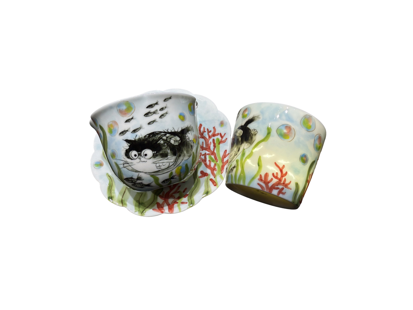 Tasse en porcelaine Corail des mers avec portrait d’animal peint à la main et soucoupe assortie