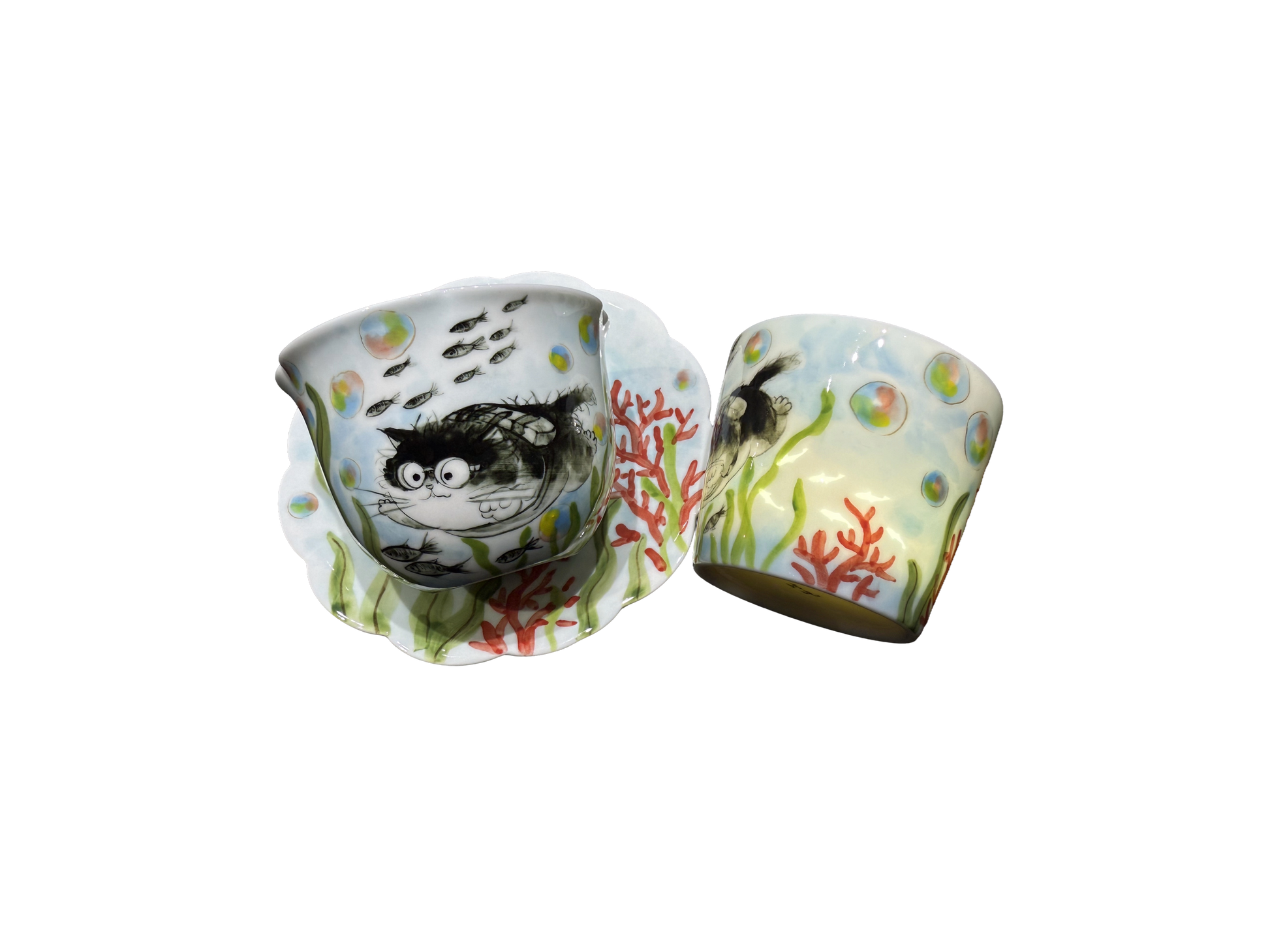 Tasse en porcelaine Corail des mers avec portrait d’animal peint à la main et soucoupe assortie