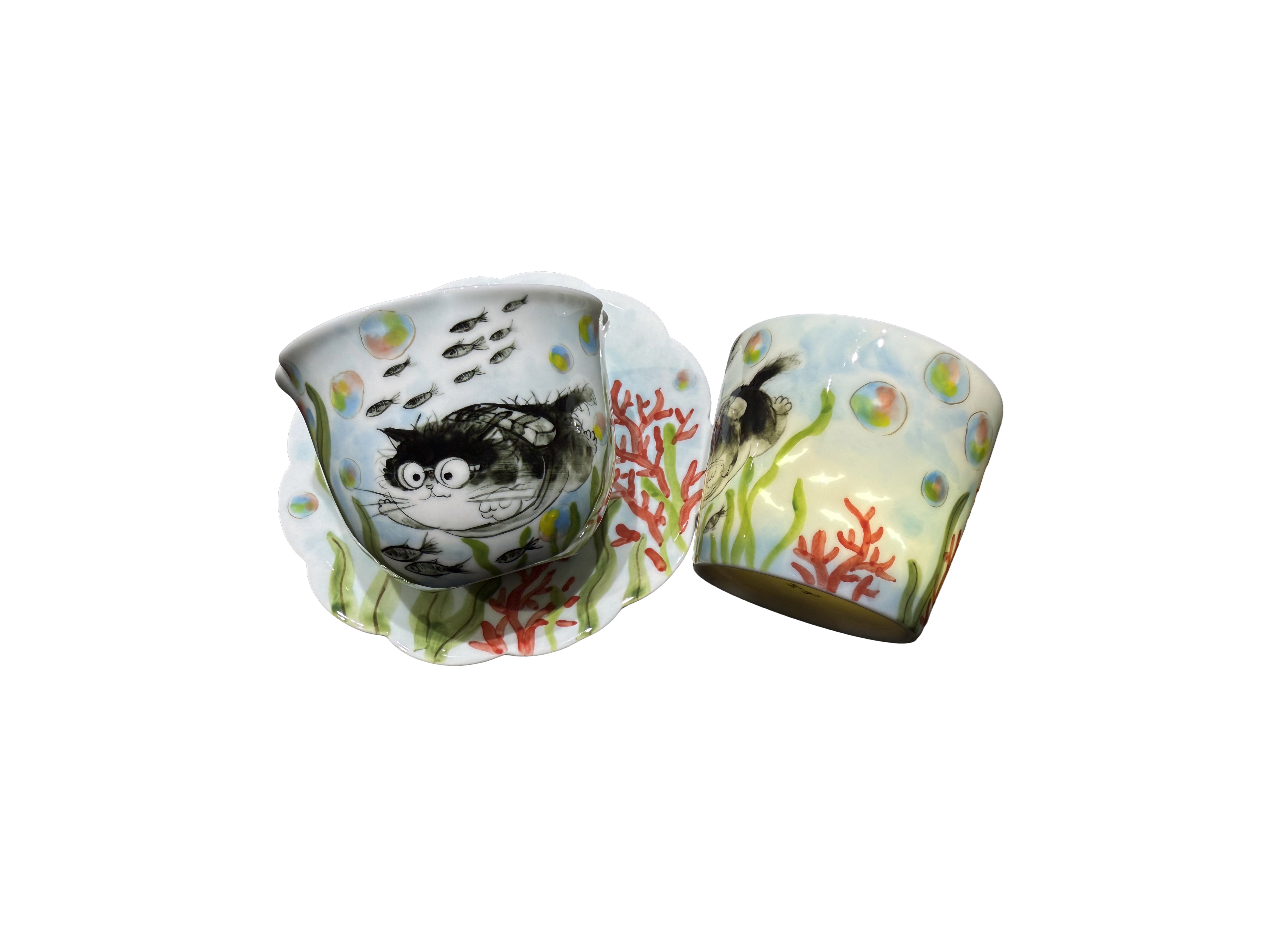 Tasse en porcelaine Corail des mers avec portrait d’animal peint à la main et soucoupe assortie