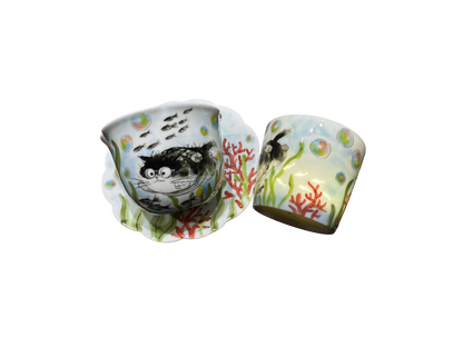 Tasse en porcelaine Corail des mers avec portrait d’animal peint à la main et soucoupe assortie