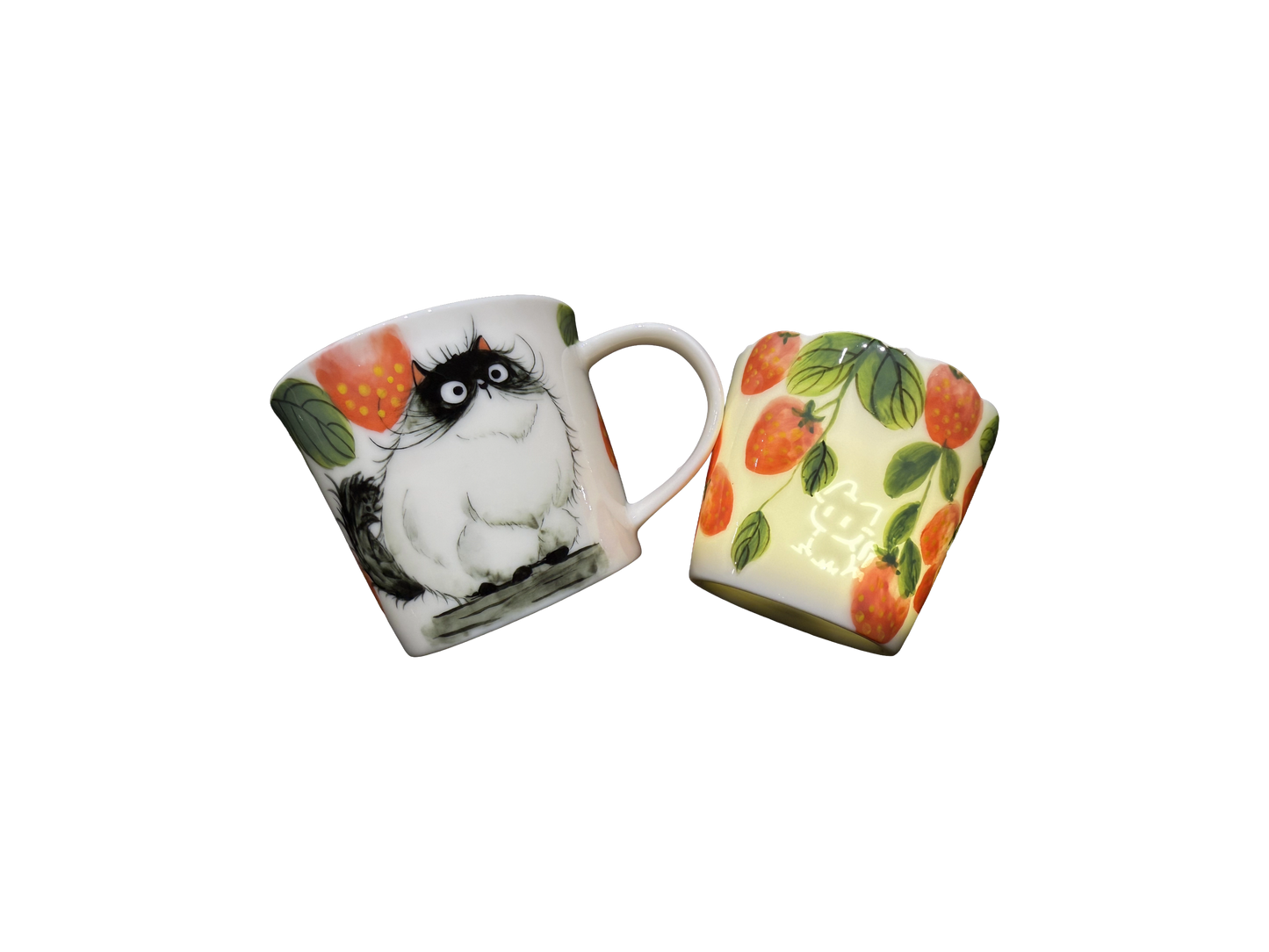 Tasse en porcelaine Fraise des bois avec portrait d’animal peint à la main et soucoupe assortie