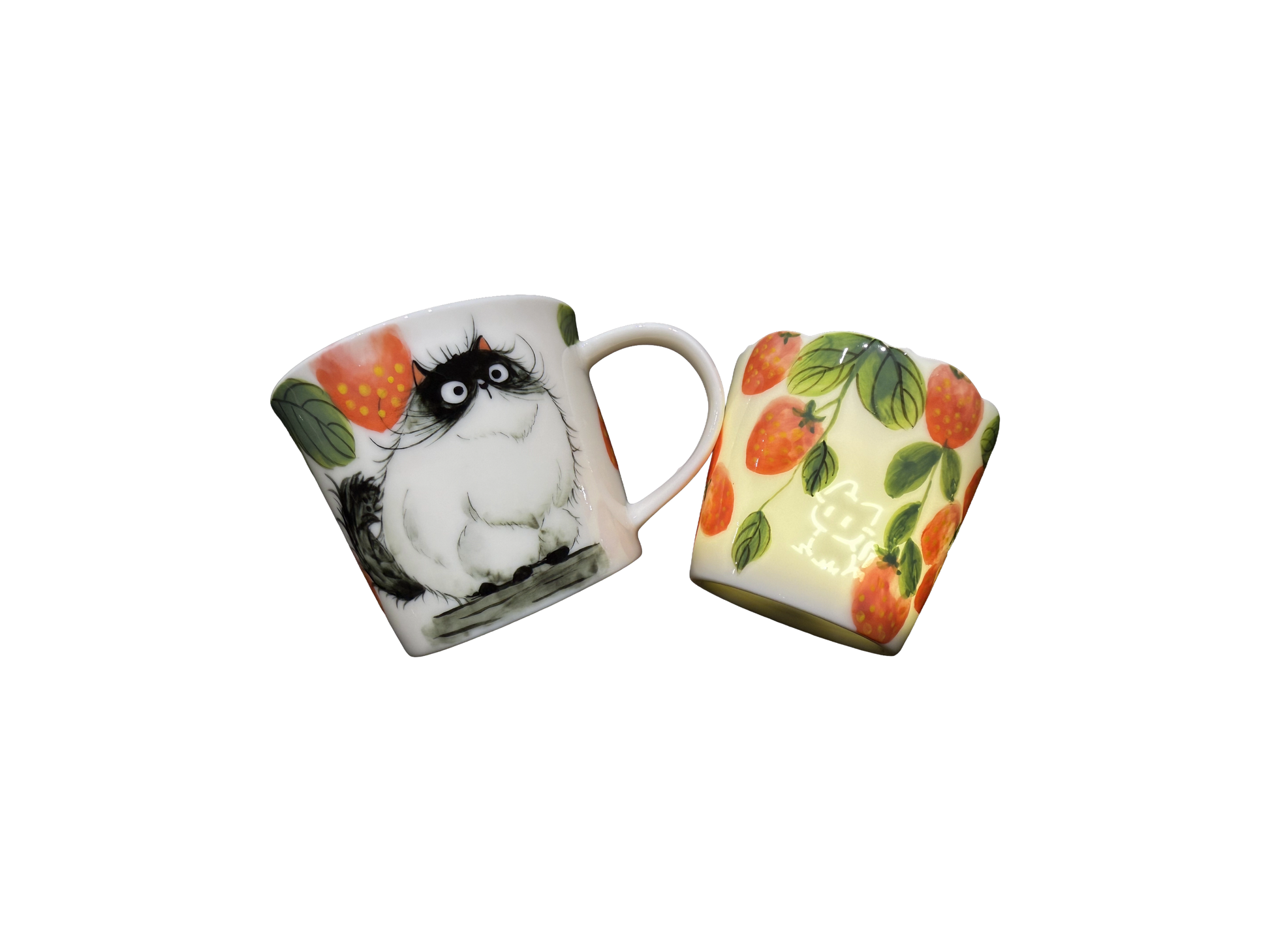 Tasse en porcelaine Fraise des bois avec portrait d’animal peint à la main et soucoupe assortie