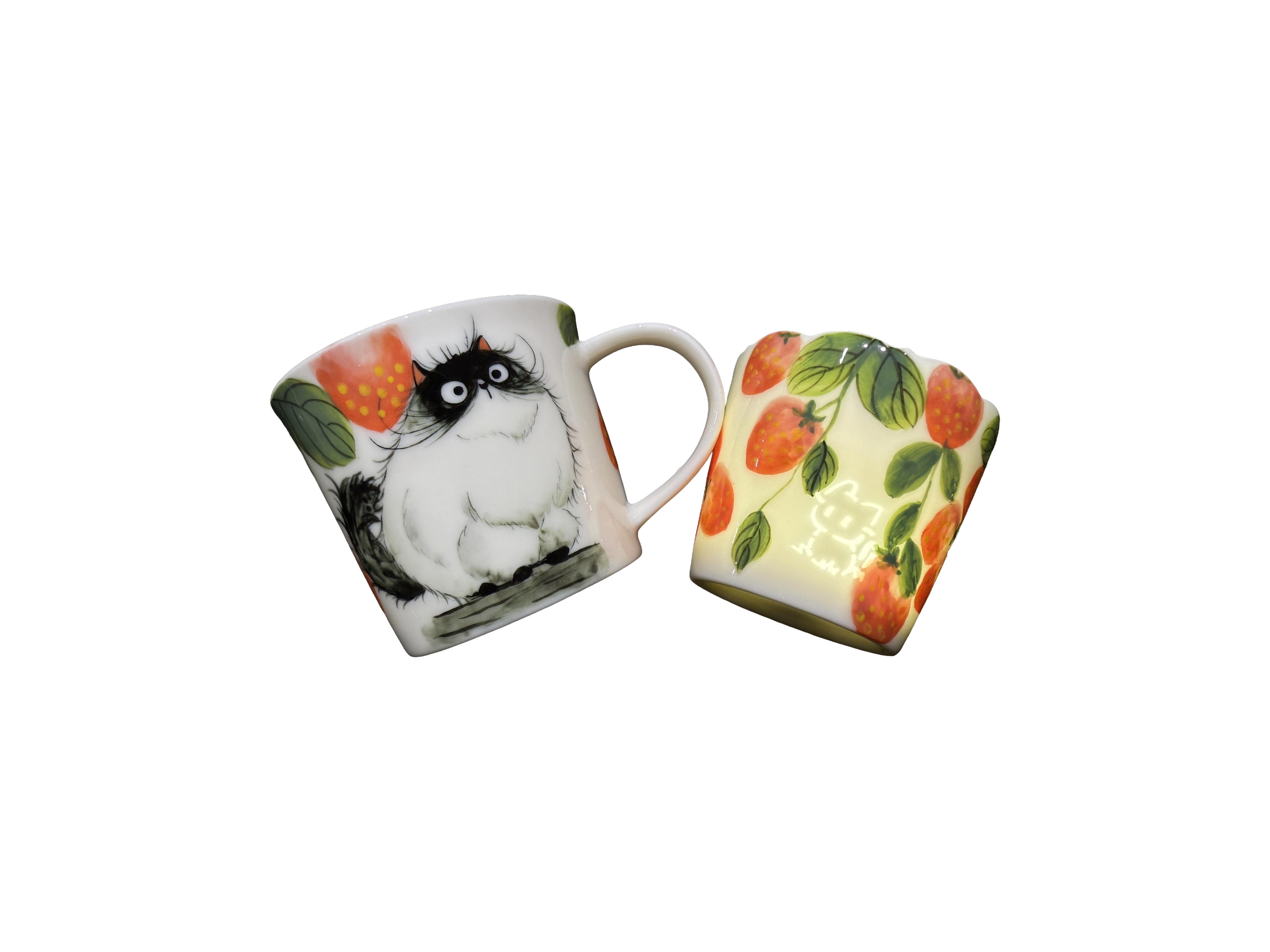 Tasse en porcelaine Fraise des bois avec portrait d’animal peint à la main et soucoupe assortie