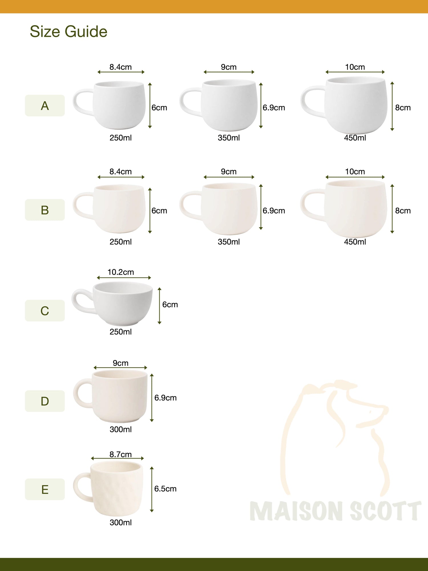 Guide des tailles des tasses Maison Scott : 250, 350 et 450 ml avec dimensions