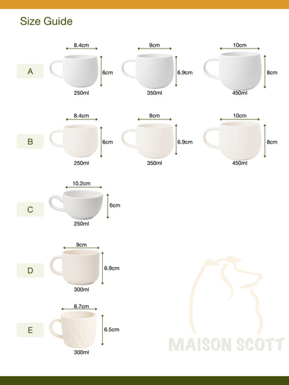 Guide des tailles des tasses Maison Scott : 250, 350 et 450 ml avec dimensions