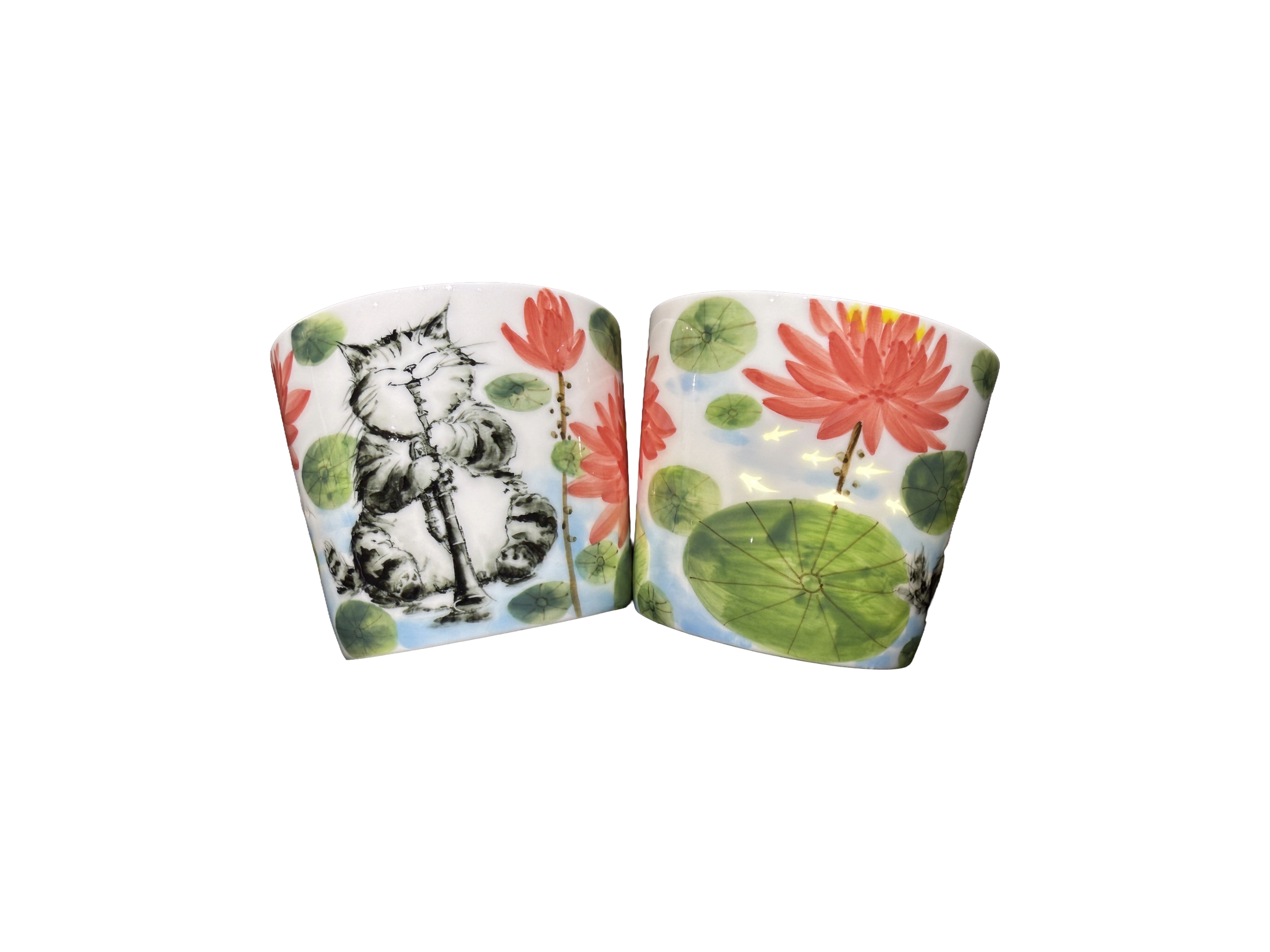 Tasse en porcelaine Jardin de lotus avec portrait d’animal peint à la main et soucoupe assortie