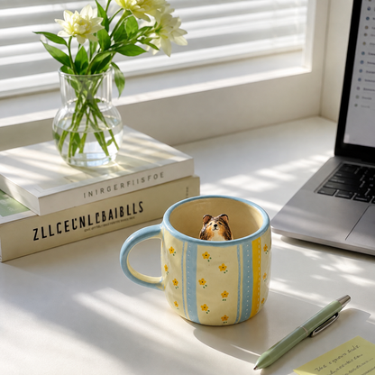 Mise en scène de la tasse personnalisée Matin Fleuri avec figurine d’animal