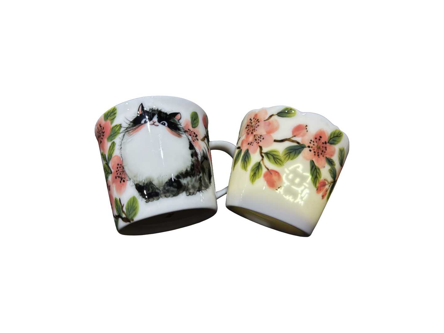 Tasse en porcelaine Pêche en fleurs avec portrait d’animal peint à la main et soucoupe assortie