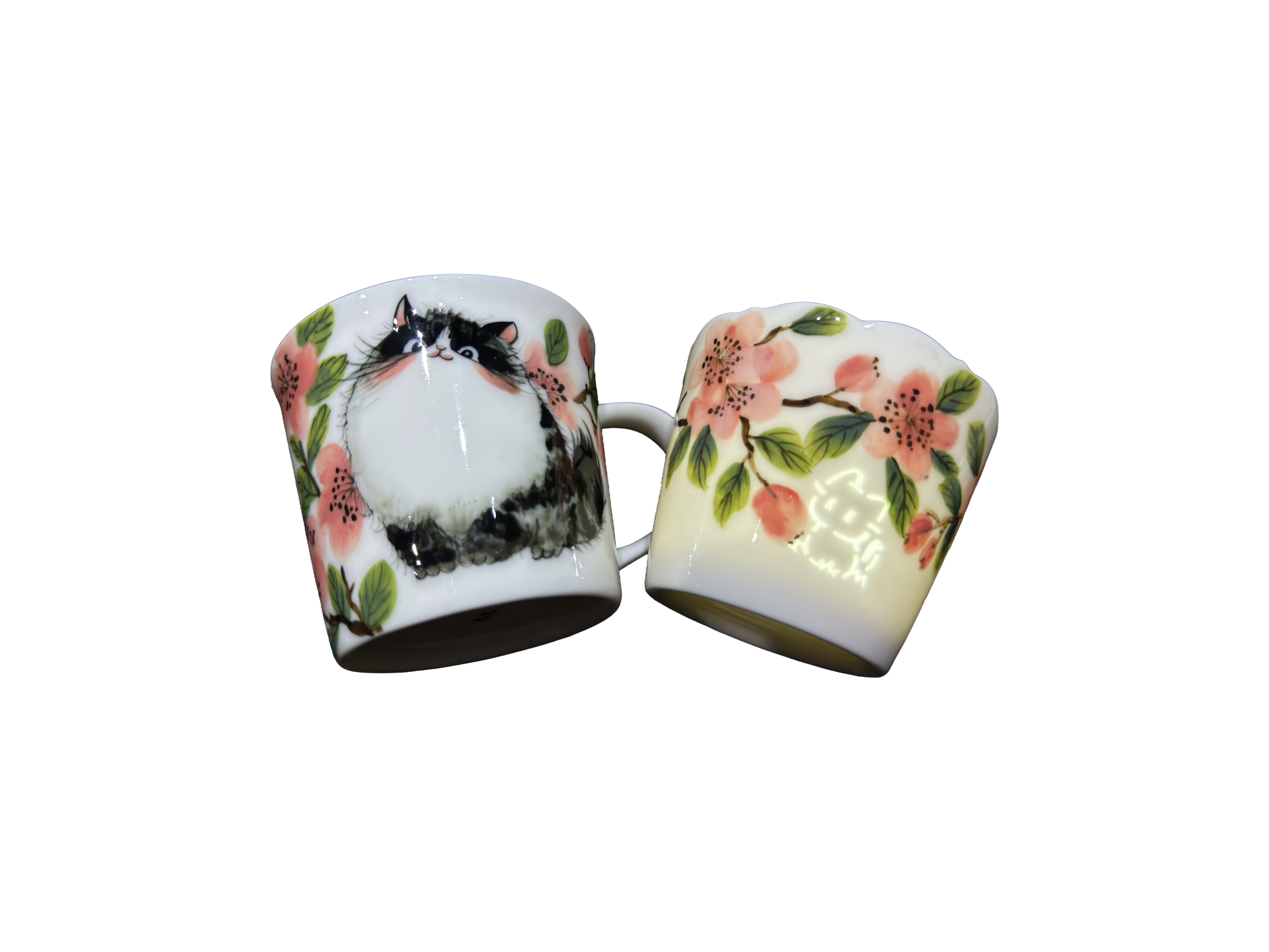 Tasse en porcelaine Pêche en fleurs avec portrait d’animal peint à la main et soucoupe assortie