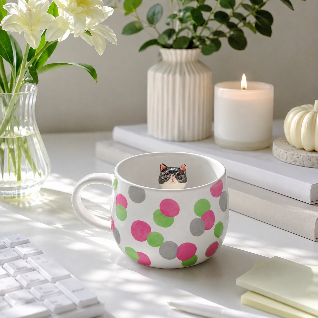 Mise en scène de la tasse personnalisée Pois Confettis avec figurine d’animal