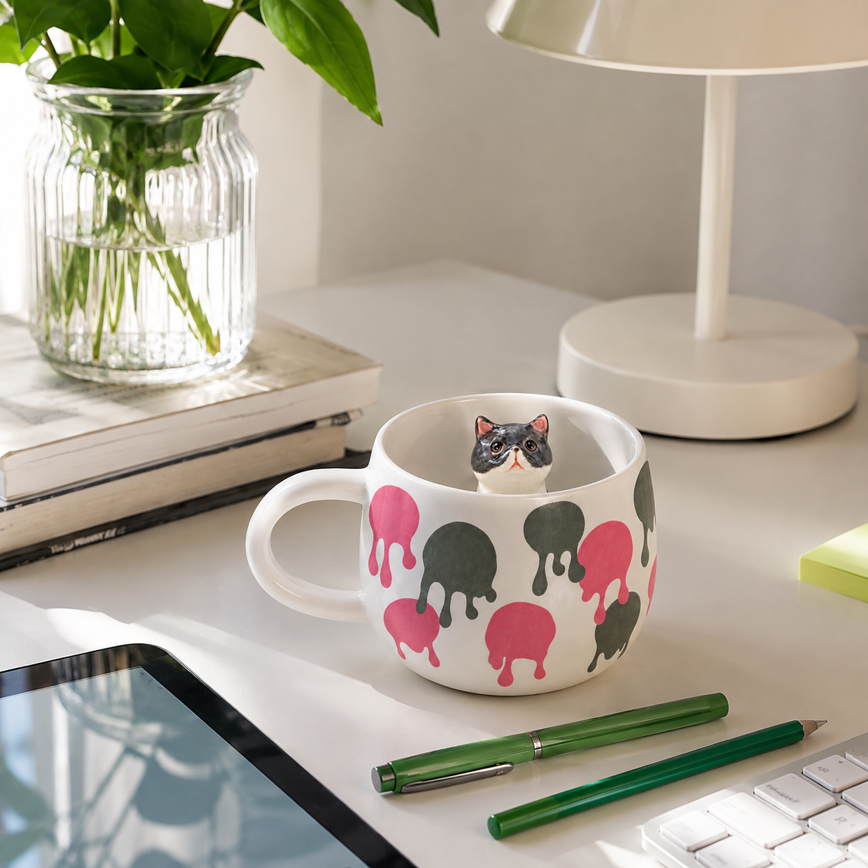 Mise en scène de la tasse personnalisée Pois Fondants avec figurine d’animal