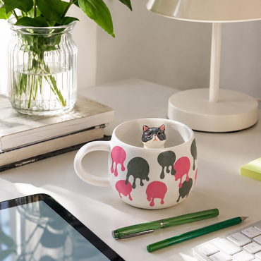 Mise en scène de la tasse personnalisée Pois Fondants avec figurine d’animal