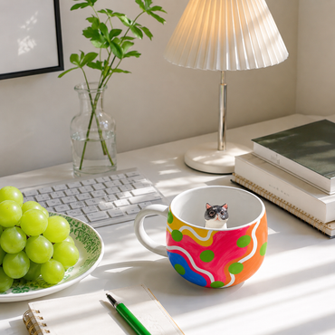 Mise en scène de la tasse personnalisée Pois Pop avec figurine d’animal