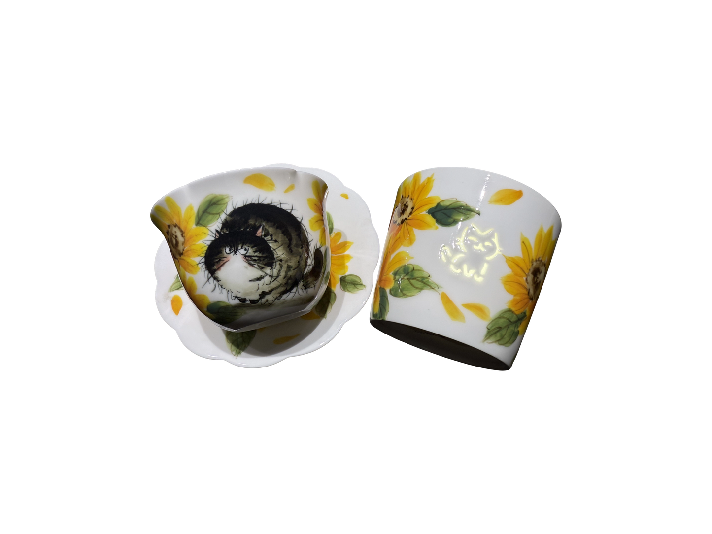Tasse en porcelaine Soleil d’été avec portrait d’animal peint à la main et soucoupe assortie