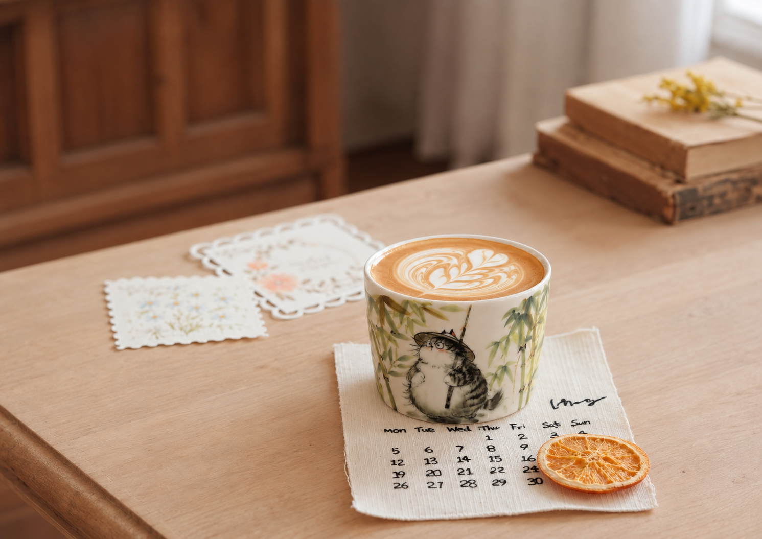 Tasse personnalisée Bambou de jade mise en scène avec sa soucoupe en porcelaine