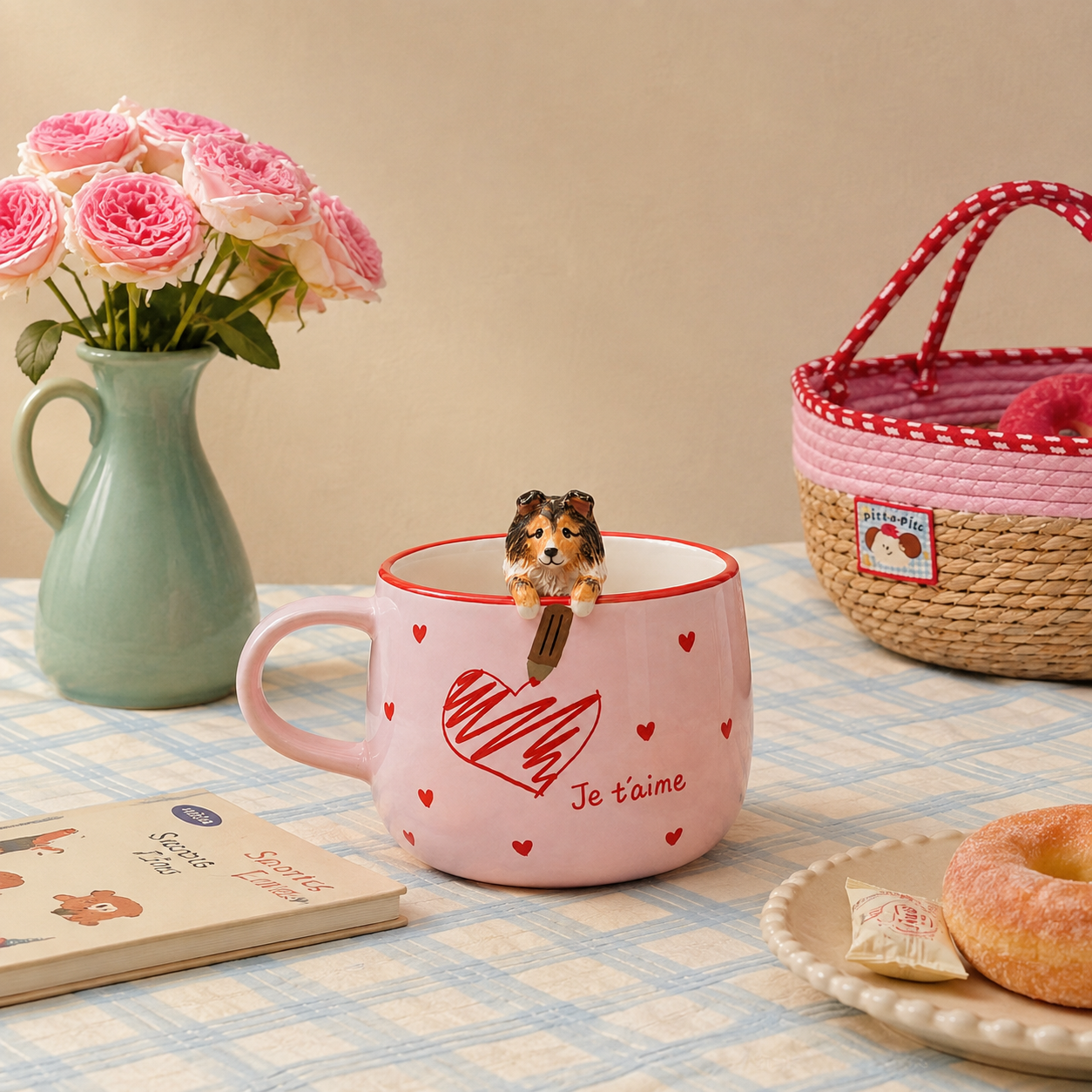 Mise en scène de la tasse personnalisée Un petit mot d’amour avec figurine d’animal